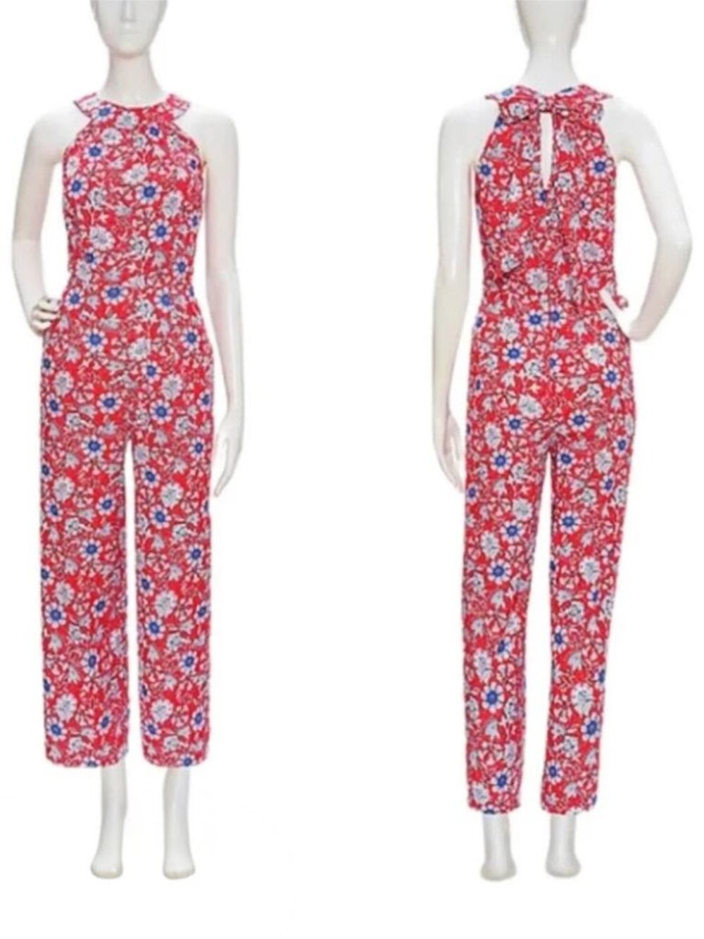 LOFT Floral Jumpsuit Halter Wide Leg Size 0 Pockets Red Blue